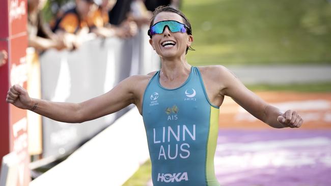 Sophie Linn winning the 2022 Oceania Triathlon Cup Gold Coast, April 2022. Picture: Con Chronis