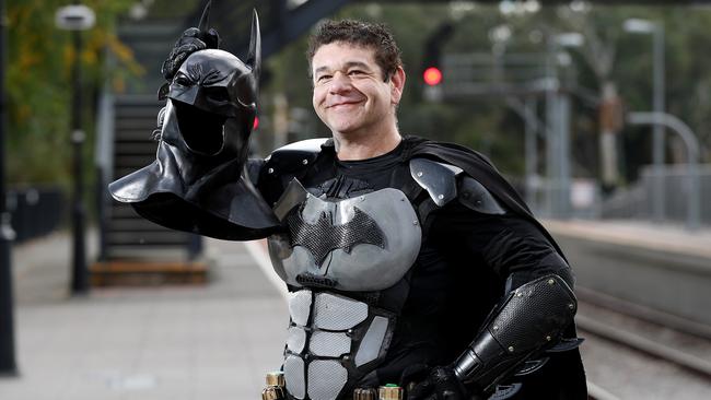 Anthony Chammas likes to walk around Blackwood train station dressed as Batman. Picture: Calum Robertson