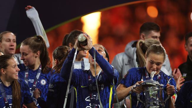 Sam Kerr celebrates with champagne after Chelsea’s win over Arsenal in the Women's FA Cup Final. Picture: Getty Images