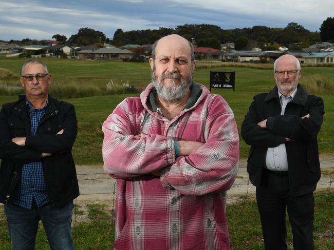 MT COMPASS LAND BATTLE. Locals - Steve Hayes, Steve Kappler and Bill Coomans at the site, showing both the golf course and housing, pictured on the 13th July, 2021. STORY: Mount Compass golf course estate residents are ready to go in for battle against any move to carve up the local golf course for housing. The local council this year knocked back plans for 680 homes at the site, which locals are vehmently against as they bought there to live next to a golf course. They don't want the area to become "another Mount Barker". Picture: Tricia Watkinson