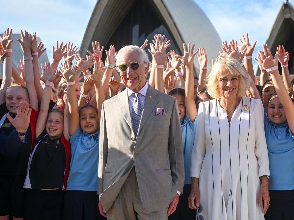 King Charles III and Queen Camilla smiled as they posed with students at the Sydney Opera House during their royal visit. This marked the King’s first visit to Australia as monarch, ahead of the Commonwealth Heads of Government Meeting (CHOGM) in Samoa. Picture: Getty