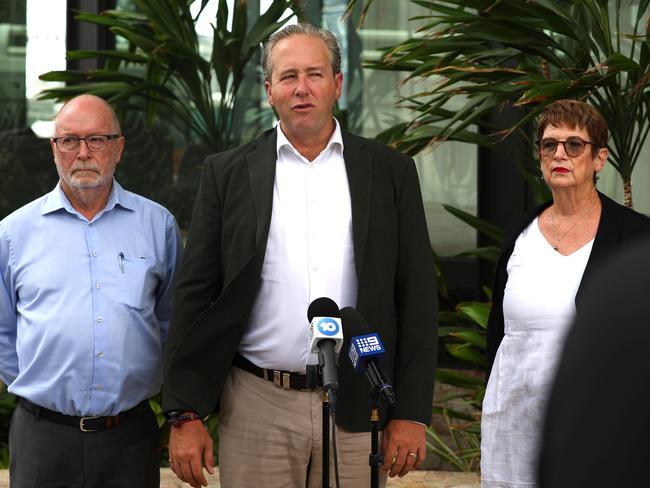 Voice For Victims members Keith Hamburger, Ben Cannon and Lyndy Atkinson after meeting with Premier Steven Miles. Picture: David Clark