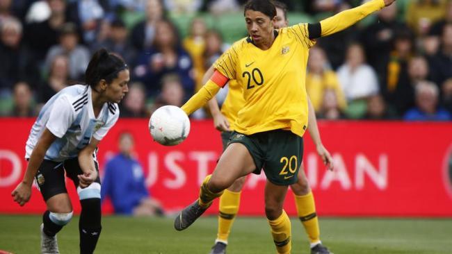 Matildas captain Sam Kerr in action against Argentina on Wednesday night