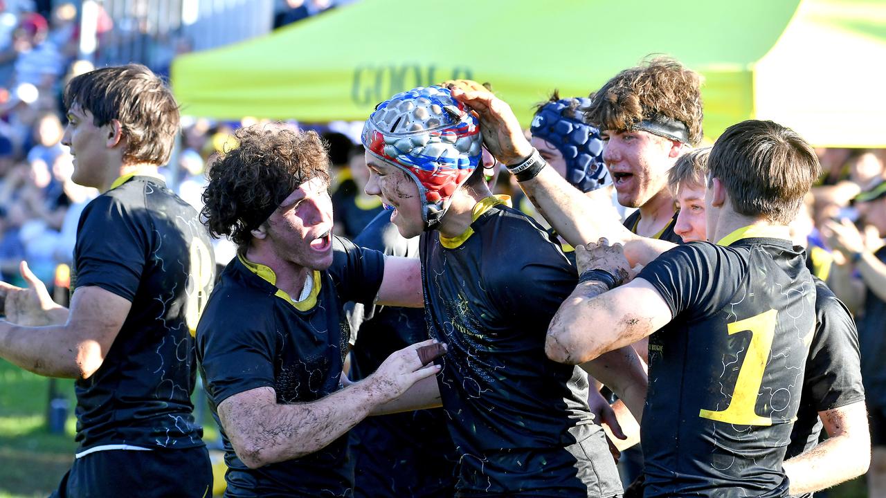 St Laurence players celebrate a try AIC First XV rugby match between Villanova College and St Laurence's College. Saturday May 28, 2022. Picture, John Gass