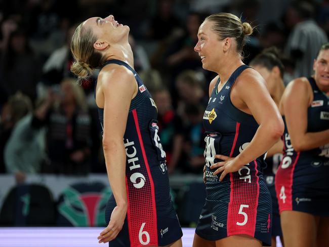 MELBOURNE, AUSTRALIA - MAY 04: Kiera Austin of the Vixens and Hannah Mundy of the Vixens celebrate after winning the round four Super Netball match between Melbourne Mavericks and Melbourne Vixens at John Cain Arena, on May 04, 2025, in Melbourne, Australia. (Photo by Daniel Pockett/Getty Images)