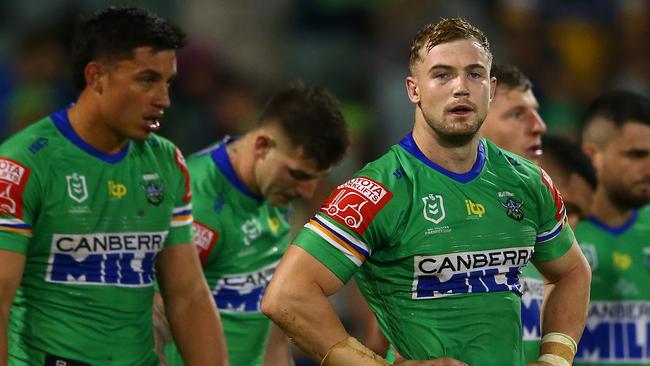 CANBERRA, AUSTRALIA - APRIL 17:  Hudson Young of the Raiders looks on after an Eels try during the round six NRL match between the Canberra Raiders and the Parramatta Eels at GIO Stadium on April 17, 2021, in Canberra, Australia. (Photo by Matt Blyth/Getty Images)