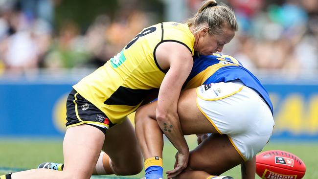 Courtney Wakefield tackles West Coast’s Emily McGuire in a practice match. Picture: Getty Images