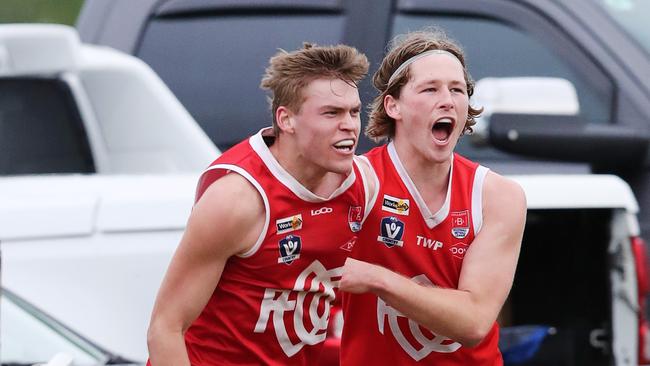 Ocean Grove's Connor Asquith celebrates a goal with Jack Connolly against Portarlington. Picture: Alan Barber