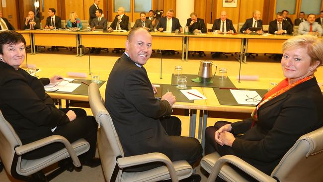 Business Council of Australia, Chief Executive Jennifer Westacott with Minister for the Environment and Energy Josh Frydenberg, Chair of the Minerals Council of Australia Vanessa Guthrie and other business leaders at Parliament Hous. Picture: Kym Smith.