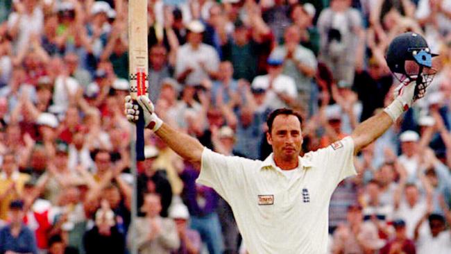 England captain Nasser Hussain raises his bat after his Ashes double century. Picture: File