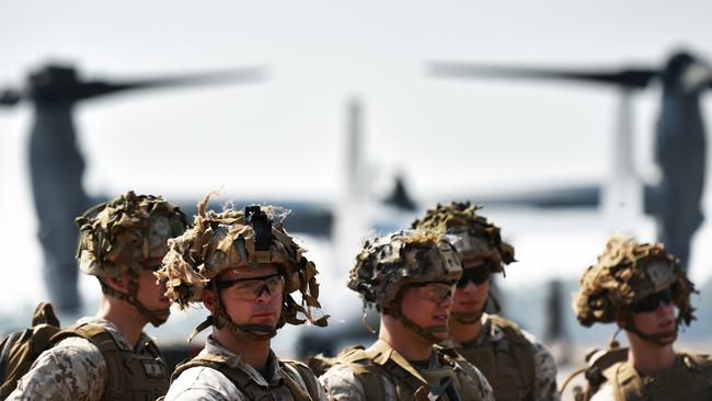 Marines with Marine Rotational Force Darwin 18 prepare to board an MV-22 Osprey tilt-rotor aircraft at Royal Australian Air Force Base Darwin July 24, 2018. Picture: US Marine Corps Staff Sgt Daniel Wetzel