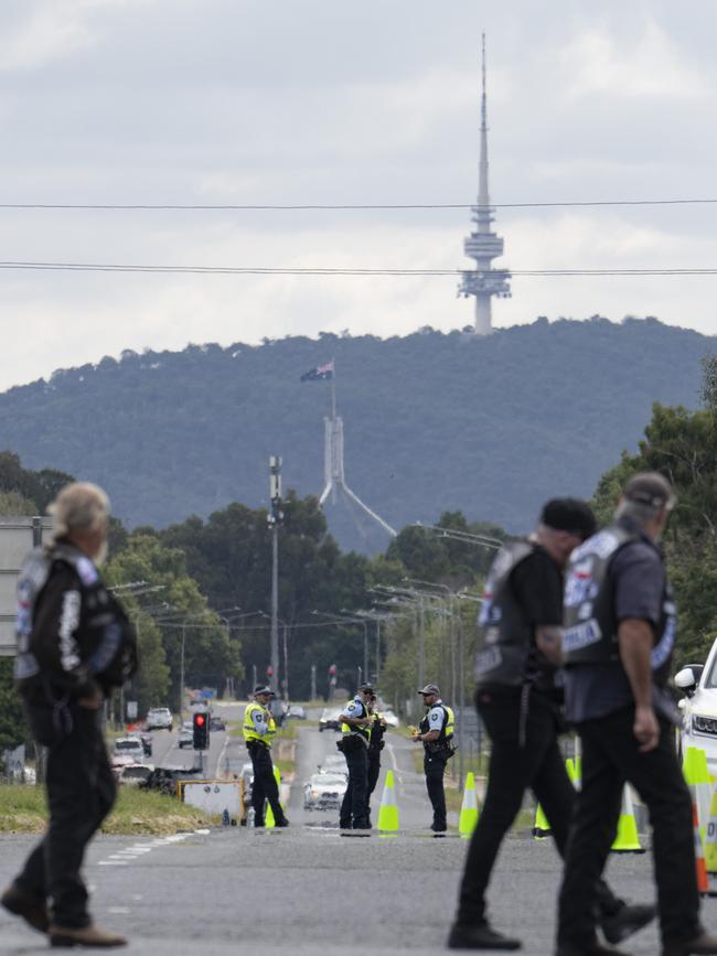 Rebels OMCG are not allowed to ride, so they loaded their bikes onto trucks and transported them to Canberra. Picture Martin Ollman