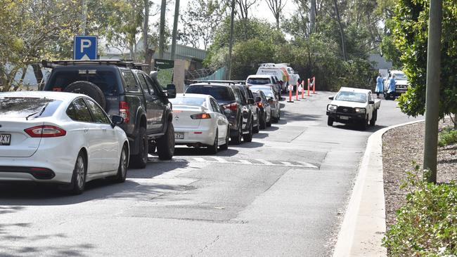 Vehicles backed up along Griffith Rd Ipswich to access the Covid testing clinic at Burley Griffin Dve on Monday, August 2. Picture: Ebony Graveur