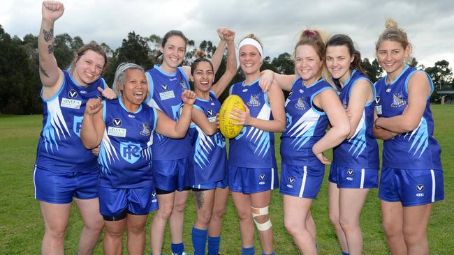 Prahran Assumption has given (from left) Brittany Sanders, Lorraine Sorono, Ashleigh Bransden, Freba Zayee, Emilie Biggar, Amber Hae Hae, Ricci Taylor and Emily Hastie a pretty special place to play footy. Picture: Chris Eastman