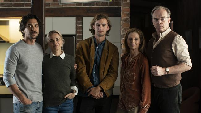 Love Me’s original cast Bob Morley, Bojana Novakovic, William Lodder, Heather Mitchell and Hugo Weaving. Picture: Supplied by Binge