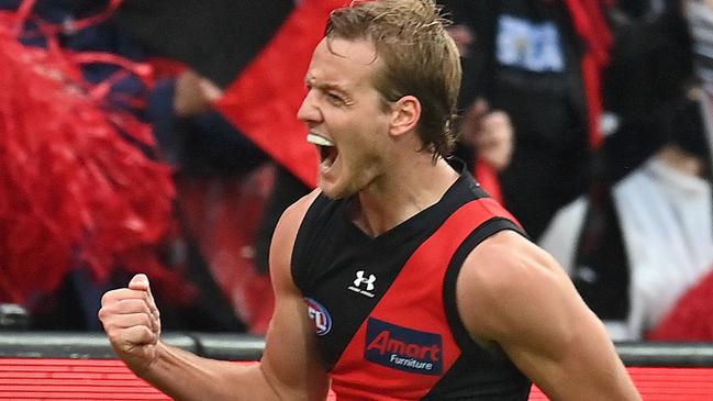 Essendon’s Darcy Parish celebrates a goal against the Western Bulldogs on August 29.