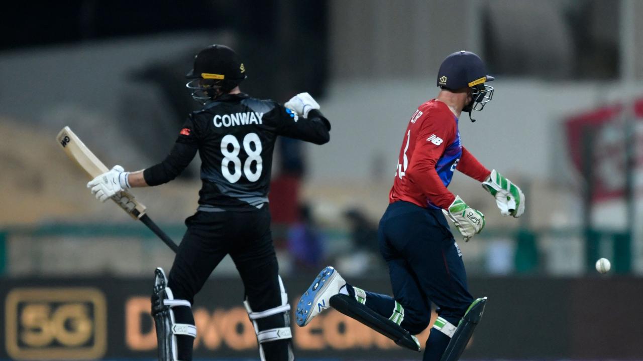 Devon Conway as he punches his bat in frustration after being dismissed, which left him with a broken hand. Picture: AFP