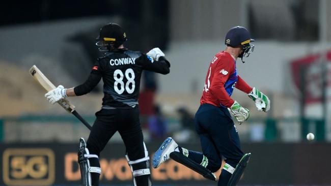 Devon Conway as he punches his bat in frustration after being dismissed, which left him with a broken hand. Picture: AFP