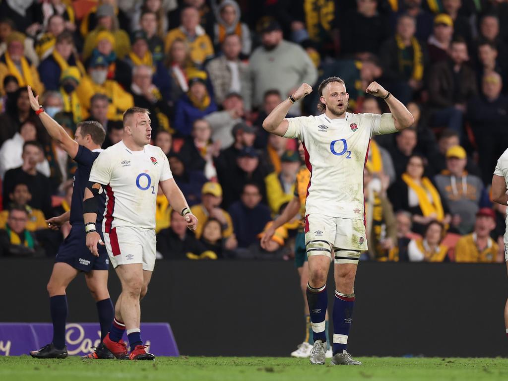 BRISBANE, AUSTRALIA - JULY 09: Jonny Hill of England celebrates during game two of the International Test Match series between the Australia Wallabies and England at Suncorp Stadium on July 09, 2022 in Brisbane, Australia. (Photo by Cameron Spencer/Getty Images)