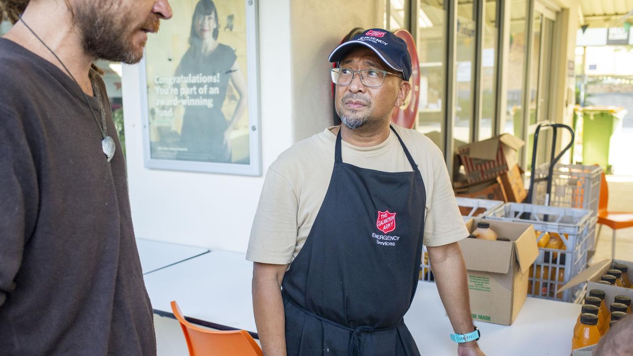 A kind shoulder to lean on has been as welcome as a meal at the Lismore evacuation centre after the flooding disaster this week. Picture: Brendan Beirne/Salvation Army/supplied