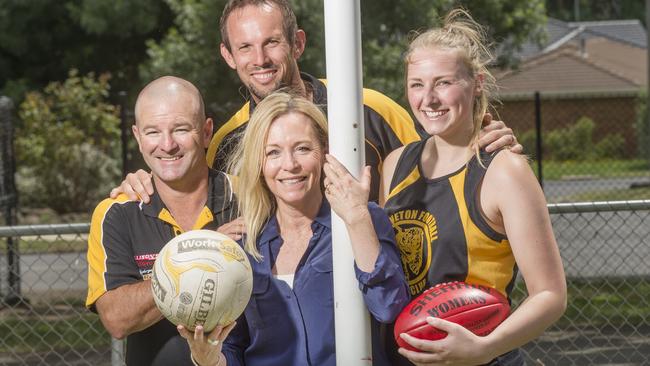 Karen O’Sullivan, centre, the first ever female president of Kyneton Football and Netball Club, with David Nolte, Luke Beattie, and Charlotte Lakey. Picture: Rob Leeson.