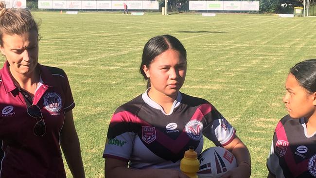 Marsden SHS's Tiyah Manahi talks at halftime.