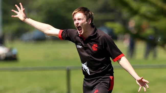 Liam Bowe of Essendon appeals unsuccessfully for the wicket of Harrison Smyth of Carlton during Premier Cricket: Carlton v Essendon on Saturday, October 5, 2019, in Carlton, Victoria, Australia. Picture: Hamish Blair