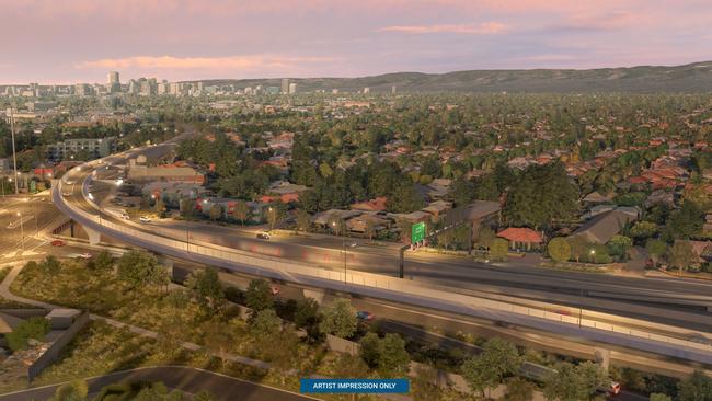 An elevated ramp will take motorists from the south directly and non-stop from the Torrens to Darlington motorway to Anzac Highway on a new overpass over the interchange at South Road. Supplied: SA Government