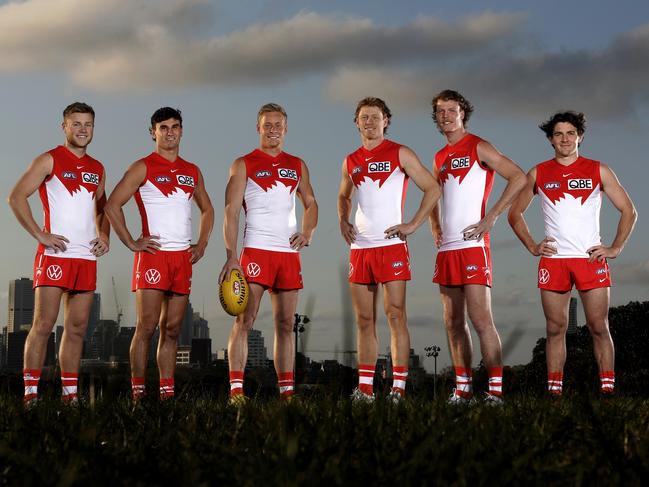 Home grown Sydney Swans players who have all come through the Swans Academy. Braeden Campbell, Sam Wicks, Isaac Heeney, Callum Mills, Nick Blakey and Errol Gulden. The Swans take pn Carlton in Elimination Final on Friday at the MCG. Photo by Phil Hillyard(Image Supplied for Editorial Use only - **NO ON SALES** - Â©Phil Hillyard )