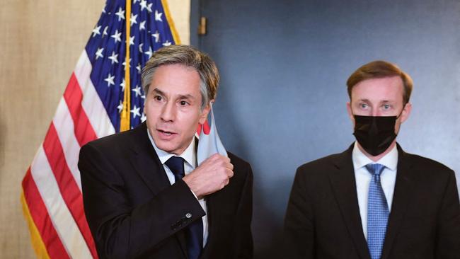 Antony Blinken, left, and National Security Advisor Jake Sullivan after the talks in Anchorage on Saturday. Picture: AFP