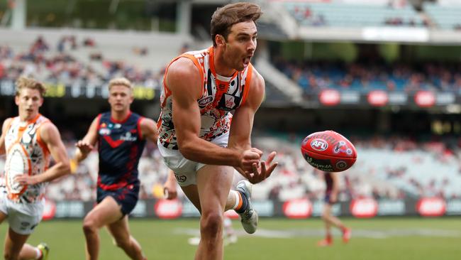 Jeremy Finlayson wearing the Giants’ indigenous jumper against Melbourne at the MCG last Sunday. Picture: AFL Photos