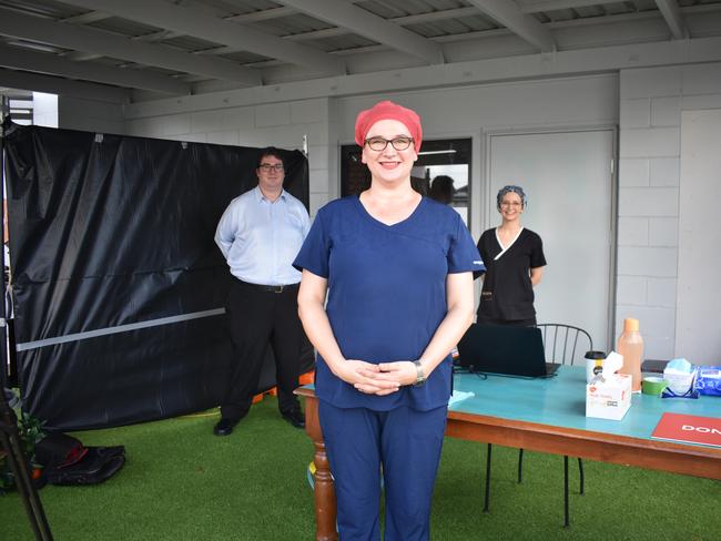 Dawson MP George Christensen, Health on Central GP Dr Nicole Higgins and Dr Kristiana Pederick at the front desk of the North Mackay Covid-19 testing clinic: Picture: Melanie Whiting