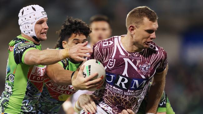 Any doubt over his fitness was put to bed with three tries in Manly’s big win over Canberra. Picture: Mark Metcalfe/Getty Images