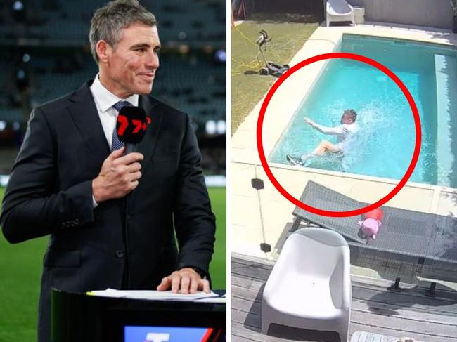 Matthew Richardson at work and taking a dip. Photos: Channel 7/Instagram