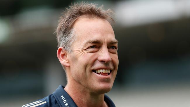 MELBOURNE, AUSTRALIA - AUGUST 21: Senior coach Alastair Clarkson of the Hawks looks on before his final match as coach during the 2021 AFL Round 23 match between the Richmond Tigers and the Hawthorn Hawks at the Melbourne Cricket Ground on August 21, 2021 in Melbourne, Australia. (Photo by Michael Willson/AFL Photos via Getty Images)