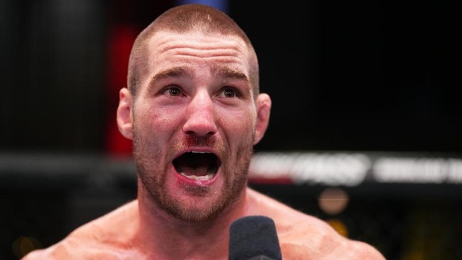 LAS VEGAS, NEVADA - JULY 01: Sean Strickland reacts after his victory over Abus Magomedov of Russia in a middleweight fight during the UFC Fight Night event at UFC APEX on July 01, 2023 in Las Vegas, Nevada. (Photo by Chris Unger/Zuffa LLC via Getty Images)