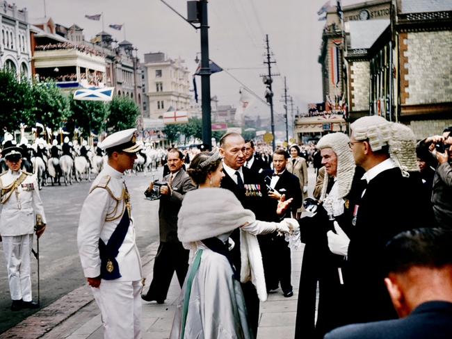 South Australian Premier Tom Playford introduces Queen Elizabeth II and Prince Philip to members of the judiciary outside Parliament House on North Terrace, Adelaide, in March 1954. Picture: Duncan Holmes/The Advertiser