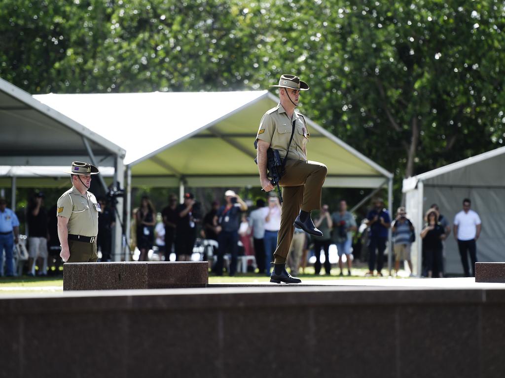 A soldier is seen marching during the 77th Anniversary of the Bombing of Darwin on Tuesday, February 19, 2019. Picture: Keri Megelus