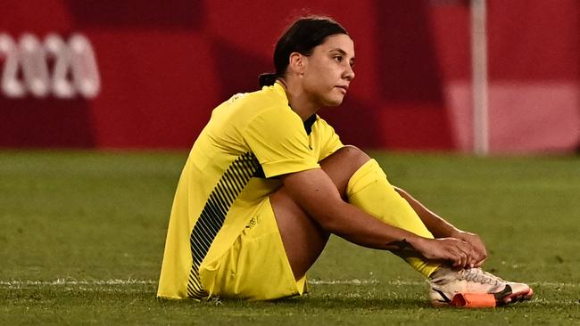 Australia's forward Sam Kerr reacts after losing the Tokyo 2020 Olympic Games women's bronze medal football match between Australia and the United States at Ibaraki Kashima Stadium in Kashima city, Ibaraki prefecture on August 5, 2021. (Photo by Jeff PACHOUD / AFP)