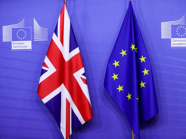 The flags of the Union Jack and the EU in Brussels. Picture: AFP