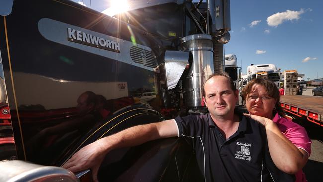 Richard Jenkins and Nicole Leape after taking part in a large truckie convoy to support Owner Drivers against the RSRT. Lyndon Mechielsen/TheAustralian