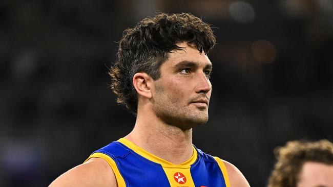 PERTH, AUSTRALIA - JULY 27: Tom Barrass of the Eagles looks on after the loss during the 2024 AFL Round 20 match between the Fremantle Dockers and the West Coast Eagles at Optus Stadium on July 27, 2024 in Perth, Australia. (Photo by Daniel Carson/AFL Photos via Getty Images)