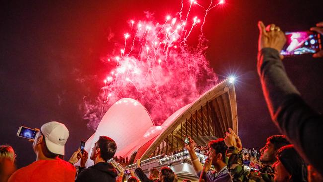 Fireworks explode over the Sydney Harbour Bridge and Sydney Opera House. (Photo by Hanna Lassen/Getty Images)