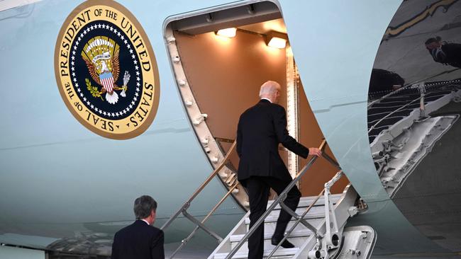 US President Joe Biden boards Air Force One at Ben Gurion International Airport following a solidarity visit to Israel.