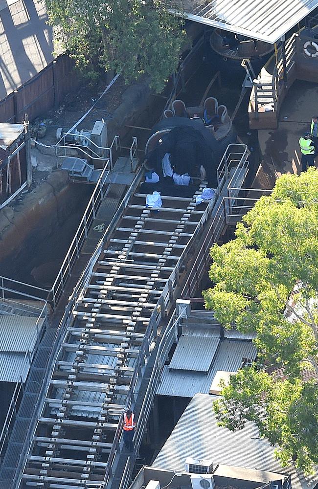 Queensland Emergency service personnel are seen at amusement theme park Dreamworld after four adult victims who became trapped on the Thunder River Rapids ride. Pic: Dan Peled