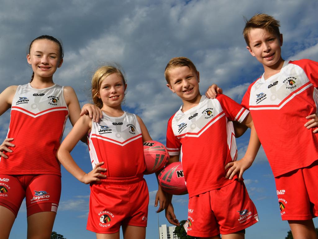 Redskins Touch Football players Abbigail Cutts, 11, Sophie Parsloe, 9, Nate Griffiths, 8, and Benson Griffiths, 10. Picture: Evan Morgan