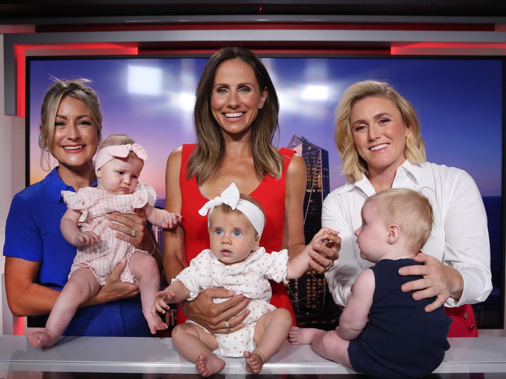 Liz Cantor and Sky (4 months), Amanda Abate and Pia (6 months) and Sally Pearson and Harry (5 months) on the newsroom set. Picture Glenn Hampson