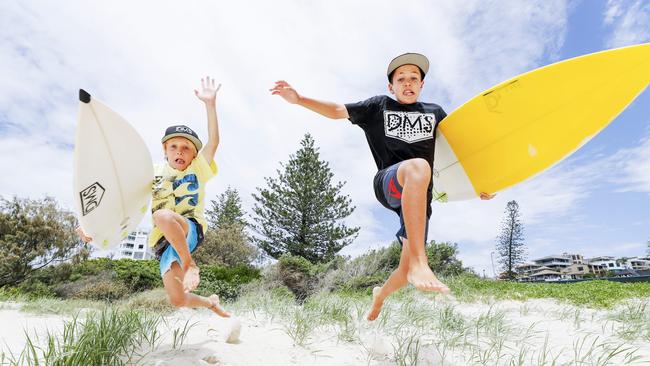 Brothers Max Deffenti (13) and Lucas (7) will compete in the Woolworths Grom Comps this  summer. Lucas,22kg has gained a reputation as a 'giant killer. Pics Tim Marsden