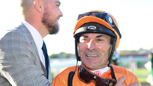 Robbie Fradd with Trent Edmonds after Tyzone won the Stradbroke Handicap. Picture: Trackside Photography