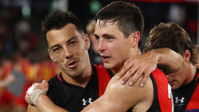 MELBOURNE . 26/03/2023.  AFL Round 2.  Essendon vs Gold Coast Suns at Marvel Stadium.  Dylan Shiel and Jake Kelly of the Bombers   . Pic: Michael Klein